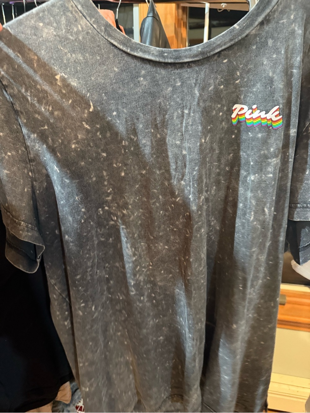 PINK Victoria's Secret Black Mineral-Wash Tee with Rainbow Script Chest Logo